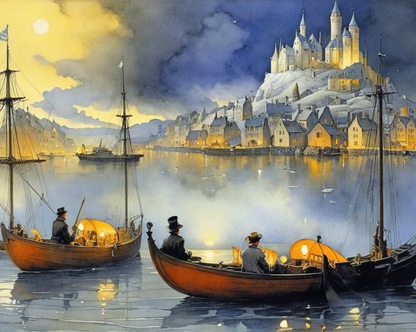 Tranquil Evening Scene with Boats and Castle Reflection