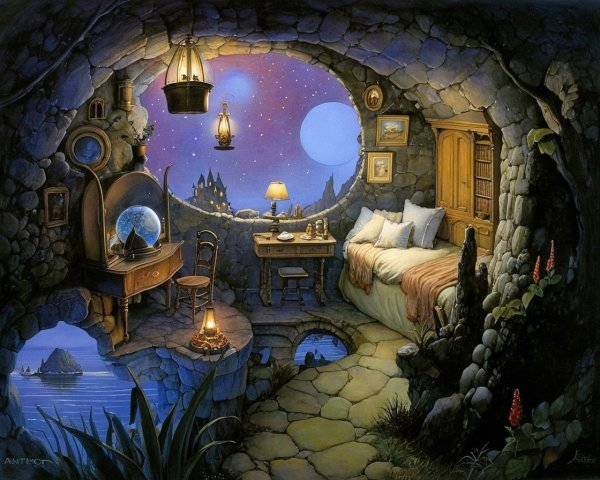 Cozy Stone Room with Lantern Light and Nature Views