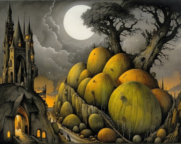 Surreal Landscape with Dark Castle and Moonlit Sky