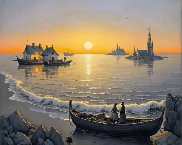 Serene Sunset Over Tranquil Seascape with Boats