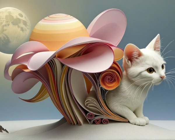 Whimsical Scene of Cat and Colorful Paper Flower