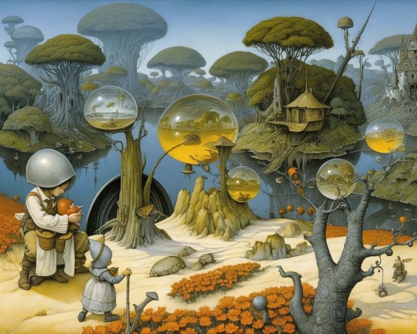 Surreal Landscape with Traveler and Miniature Worlds