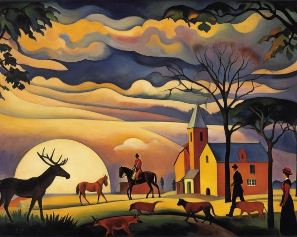 Vibrant Landscape Painting of Sunset and Rural Life