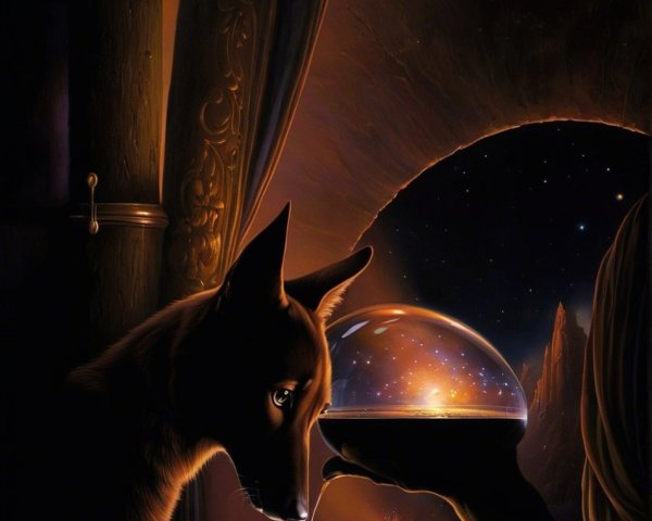 Close-Up of Dog and Glowing Orb in Cosmic Scene