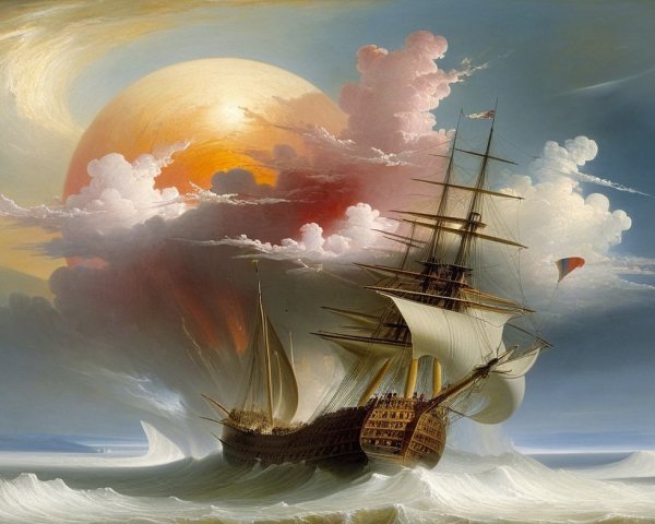 Grand Ship Navigating Turbulent Waves Under Dramatic Sky