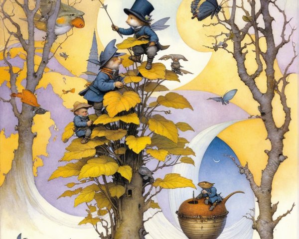 Whimsical Creatures Climbing a Vibrant Yellow Tree