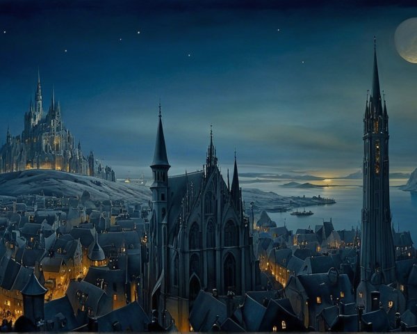 Twilight Cityscape with Mystical Castle and Stars