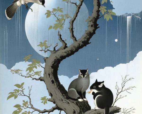 Twisted Tree Night Scene with Animals and Moonlight