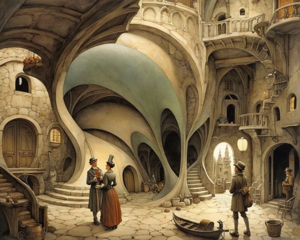 Fantastical Architecture with Elegant Figures in Conversation