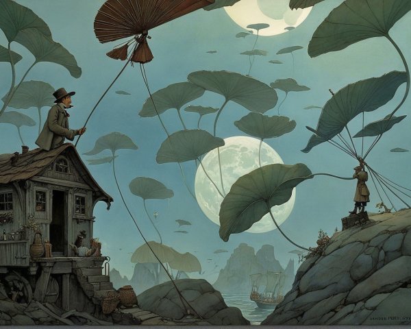Whimsical Landscape with Man, Umbrella, and Moon