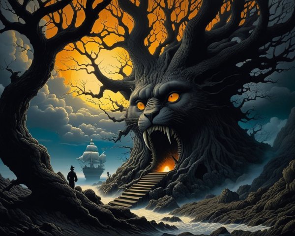 Surreal Landscape with Colossal Tree and Cat's Face