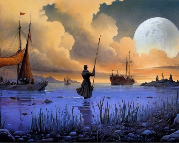 Twilight Scene of Fisherman and Sailing Ships Under Moon