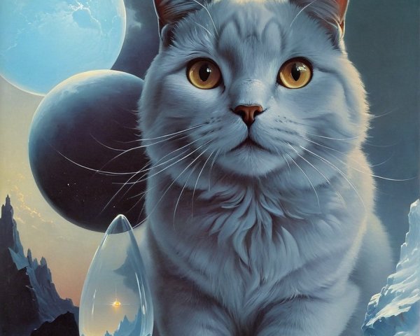 Majestic white cat with golden eyes in cosmic scene