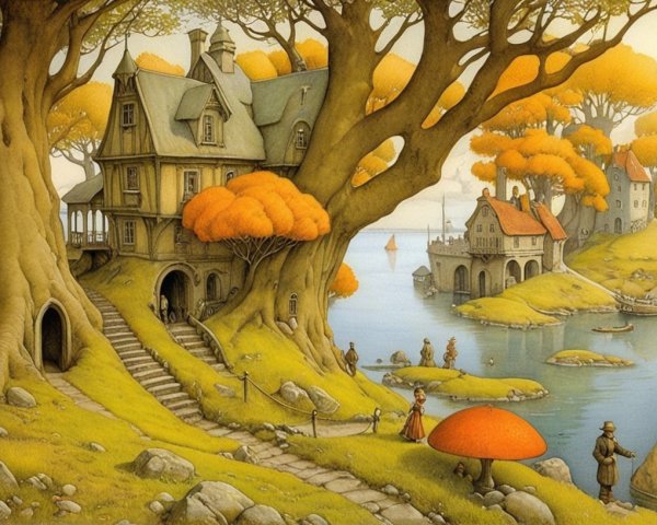 Whimsical Landscape with Idyllic Tree and River