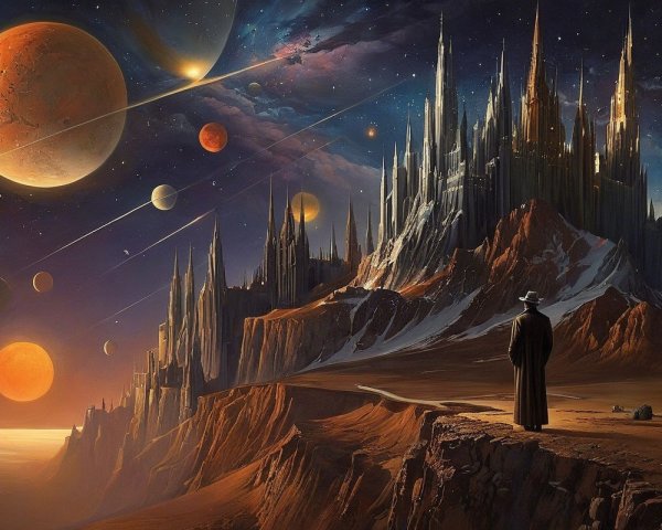 Mysterious Figure Overlooking Cosmic Landscape and Galaxies