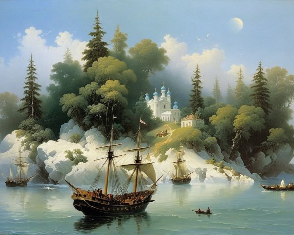 Tranquil Bay Landscape with Sailing Ships and Church