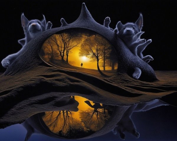 Surreal landscape with creatures and serene sunset scene