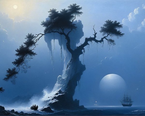 Twilight Scene with Gnarled Tree and Glowing Planet