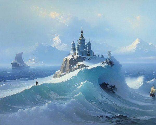 Castle on Rocky Isle with Towers and Snowy Mountains