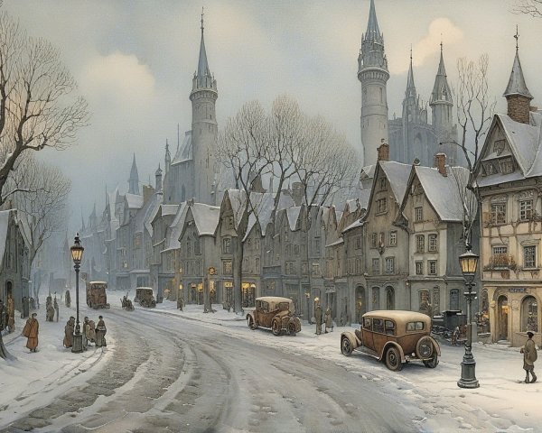Quaint Village in Snowy Winter Landscape