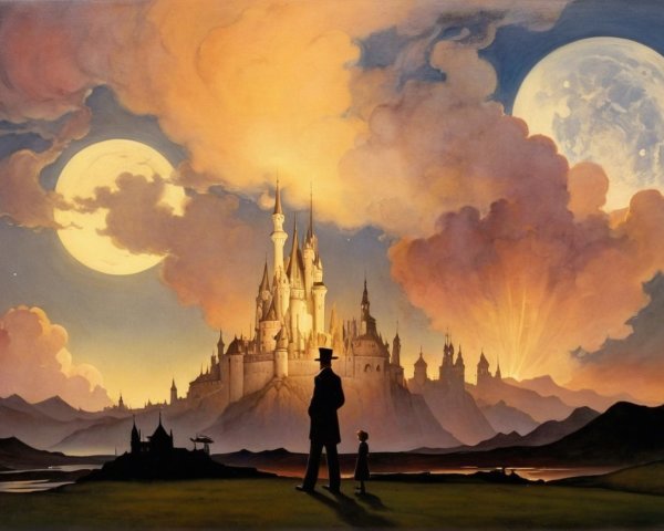Majestic castle under dramatic sky with two moons