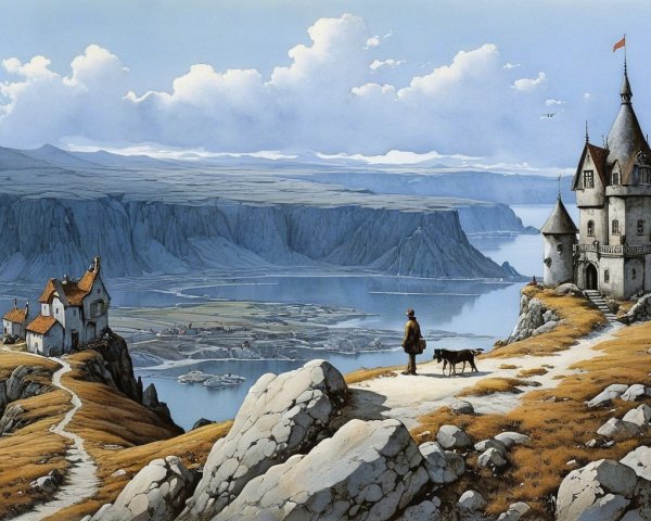 Dramatic Cliffside Castle with Serene Water Landscape