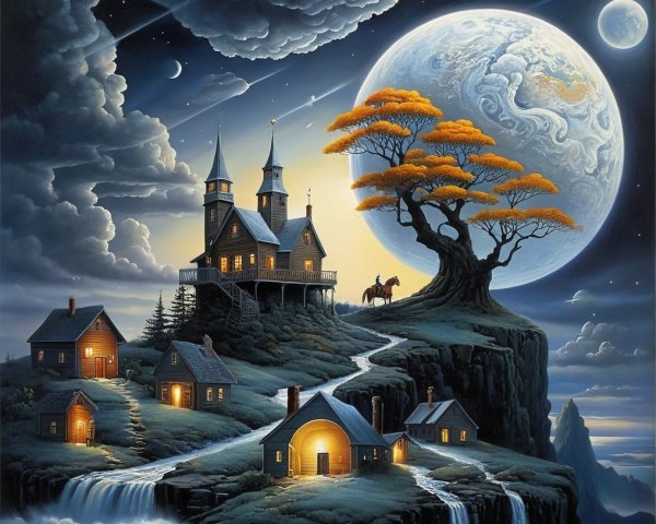 Fantastical landscape with castle, forest, and moon