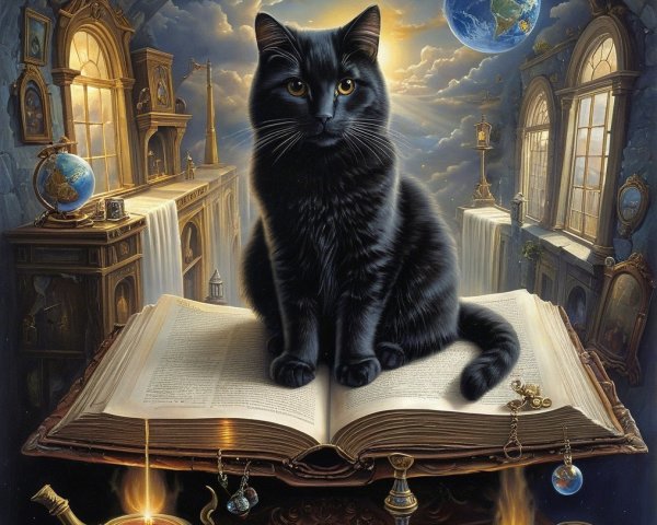 Black Cat on Open Book in Dreamlike Landscape