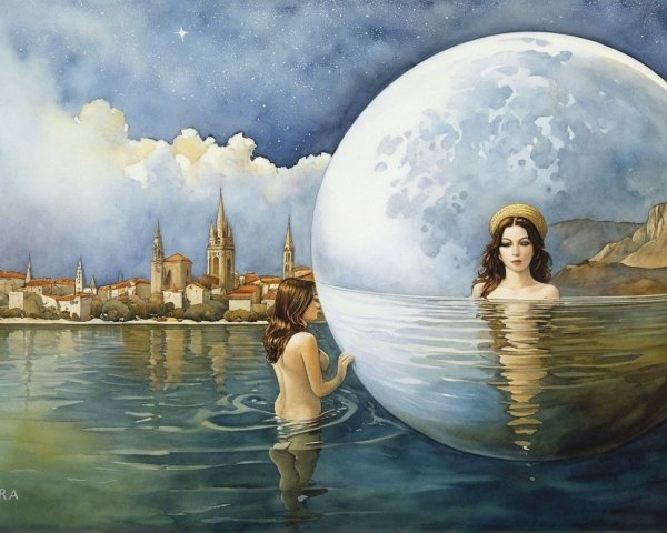 Young girl in calm waters with mystical figure in sphere