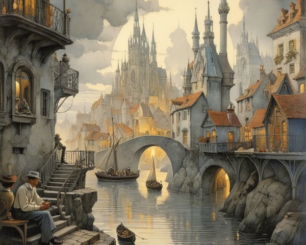 Serene riverside town at dusk with intricate buildings