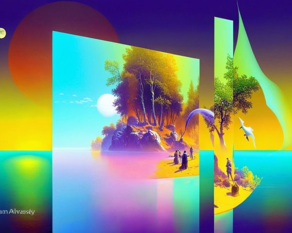 Surreal Seascape with Lush Island and Ethereal Figures