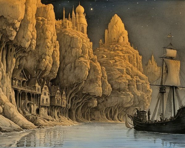 Serene River Landscape with Ornate Architecture and Stars