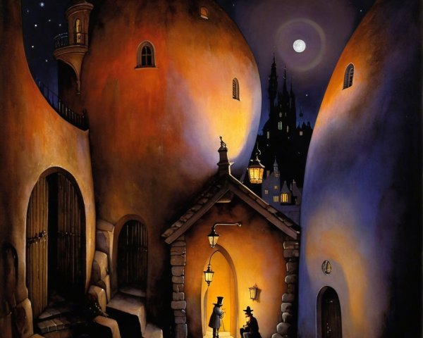 Whimsical Night Scene with 19th-Century Figures