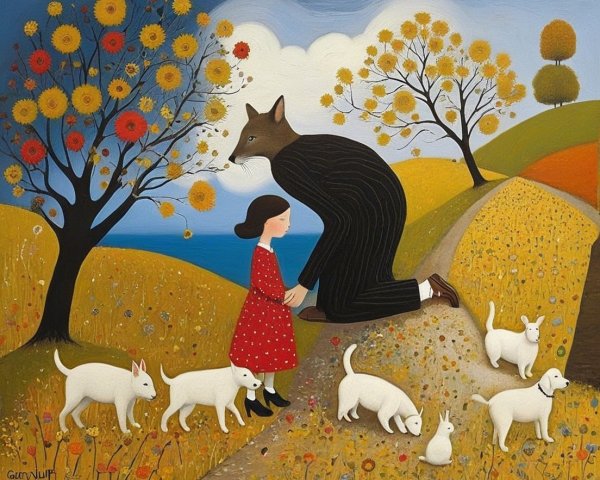 Whimsical Landscape with Girl and Fox Figure