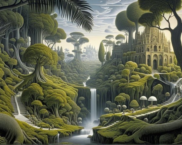 Fantastical Landscape with Waterfall and Castle