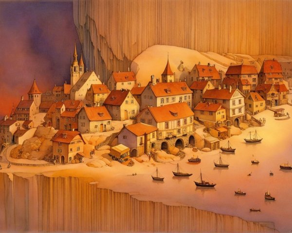 Whimsical Village Against a Towering Cliff at Twilight
