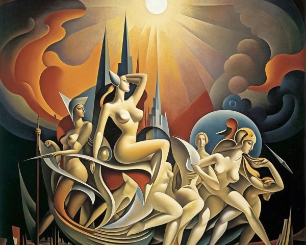 Dynamic Composition of Nude Female Figures in Motion
