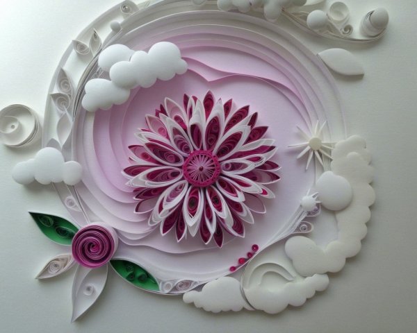 Intricate Paper Quilling Design with Pink Flower