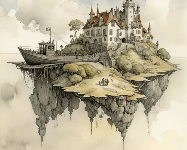 Whimsical Floating Island with Castle and Boat Dock