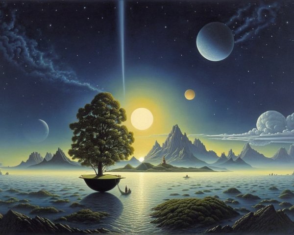 Surreal Landscape with Floating Tree and Celestial Bodies