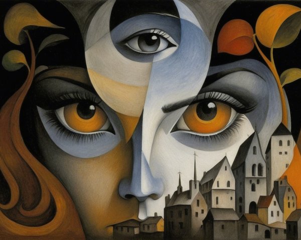 Stylized Face with Large Eyes and Dreamlike Elements