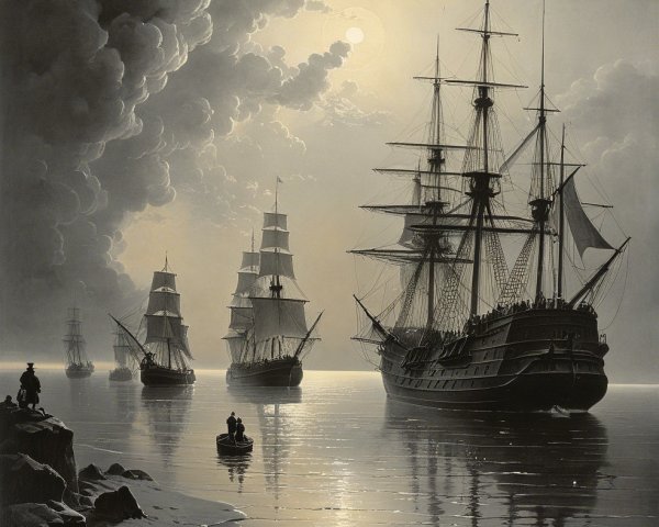 Serene seascape with sailing ships under moonlight