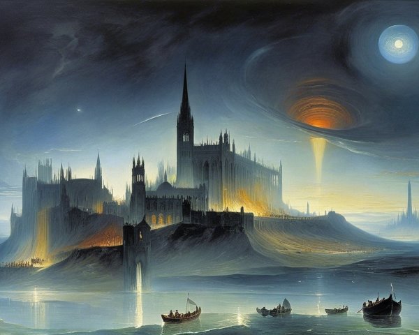 Gothic castle in a mystical landscape with serene water
