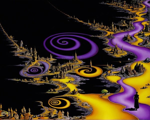 Surreal Landscape with Vibrant Swirls and River