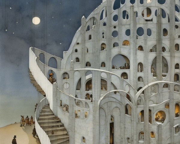 Imaginative Nighttime Architectural Structure with Moonlight
