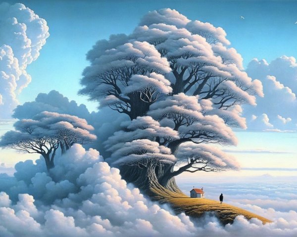 Whimsical Tree and Quaint House in Serene Landscape