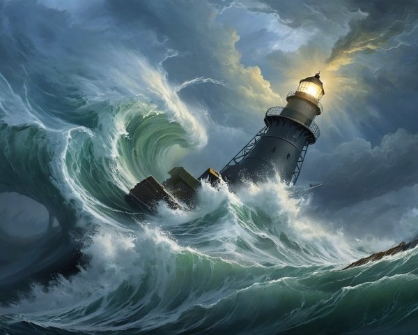 Dramatic Seascape with Towering Lighthouse and Waves