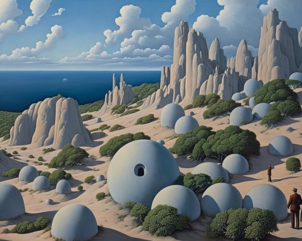 Surreal Landscape with Rock Formations and Ocean View