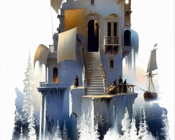 Ethereal Castle on Snowy Cliff Surrounded by Mist