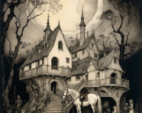 Whimsical Dark Fantasy House Among Twisted Trees